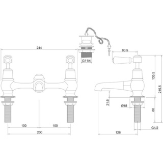 Burlington Kensington 2 Tap Hole Bridge Basin Mixer with Plug & Chain Waste & Swivel Spout